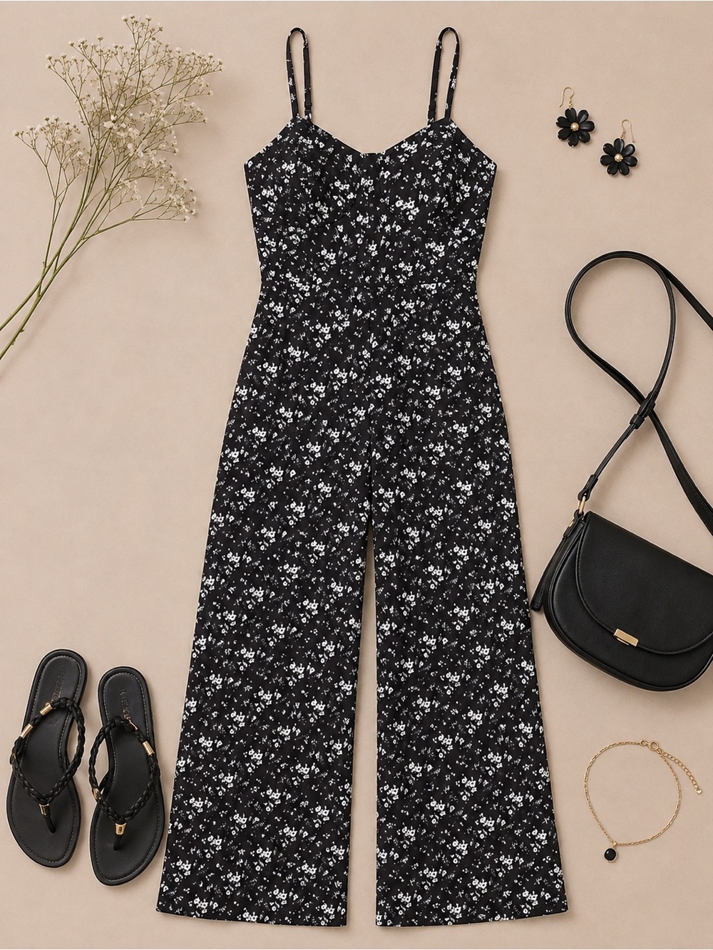Xhilaration Black & White Floral Wide-Leg Jumpsuit Size Large